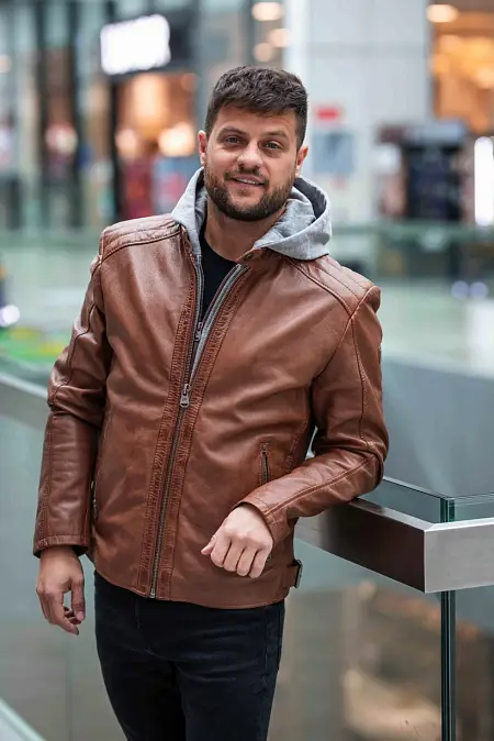 Pánská hnědá kožená bunda s kapucí DMLian DB