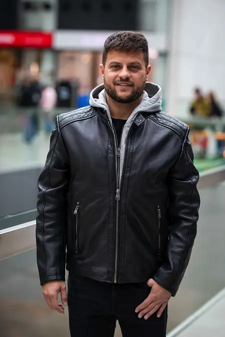 Pánská černá kožená bunda s kapucí DMLian DB