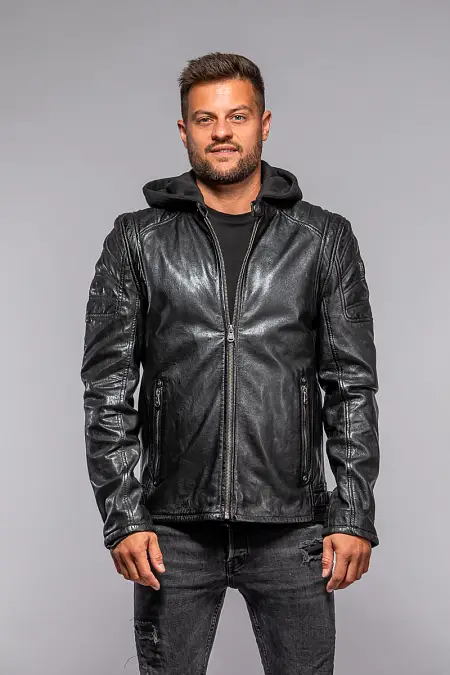 Černá kožená pánská bunda s textilni kapucí