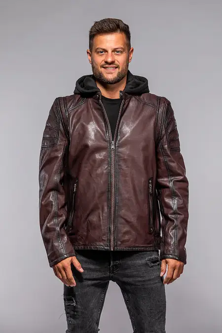 Červená kožená pánská bunda s textilni kapucí