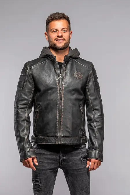 Černá kožená pánská bunda s textilni kapucí