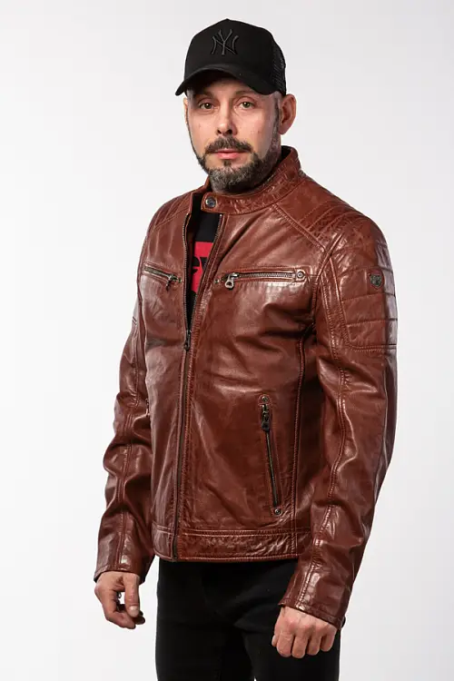 Pánská kožená bunda GBDERRY v barvě koňakové.