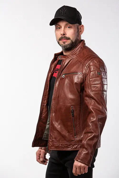 Pánská kožená bunda GBDERRY v barvě koňakové.