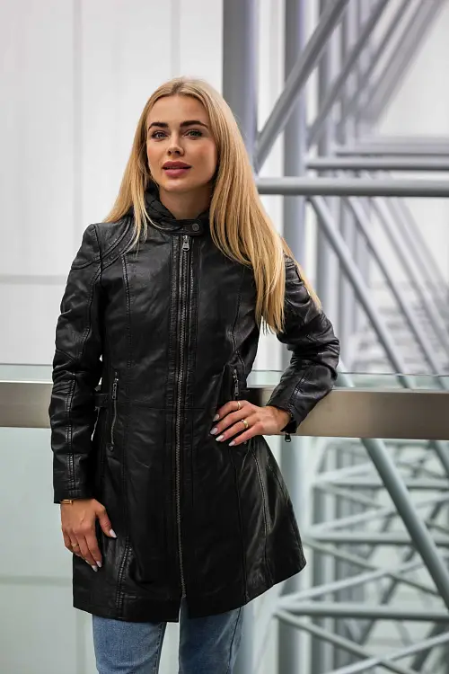 Dámský černý kožený kabát s kapucí GWMarlis