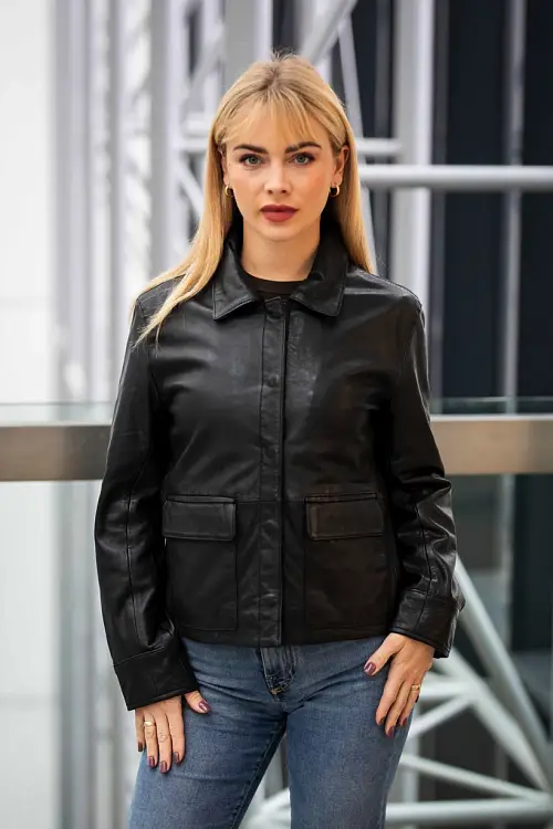 Krátká kožená bunda s límcem GWElfi Black