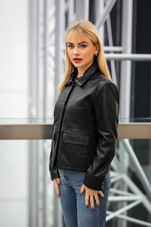 Krátká kožená bunda s límcem GWElfi Black