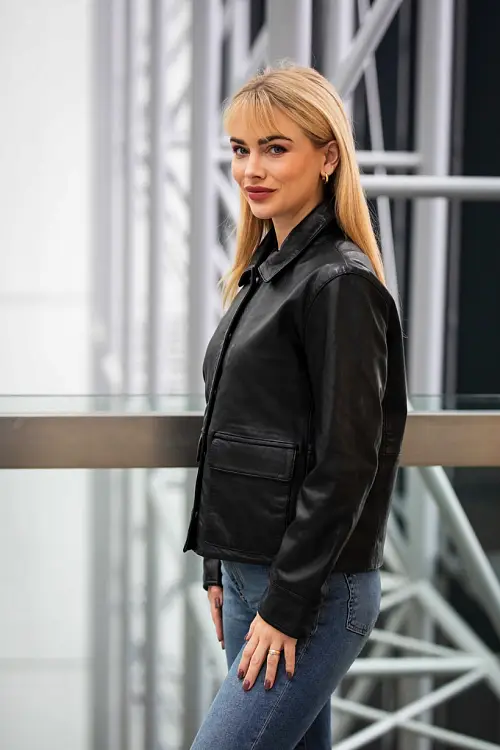 Krátká kožená bunda s límcem GWElfi Black