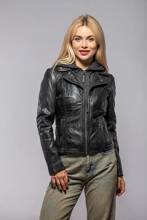 Dámská kožená bunda s kapuci