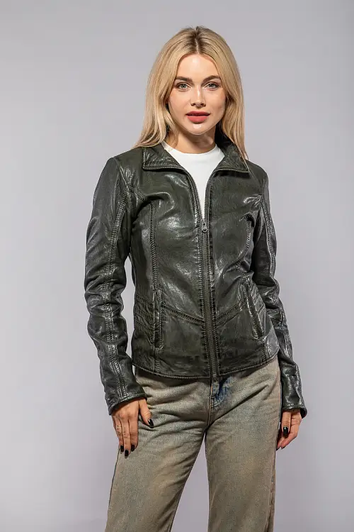 Zelená kožená dámská bunda