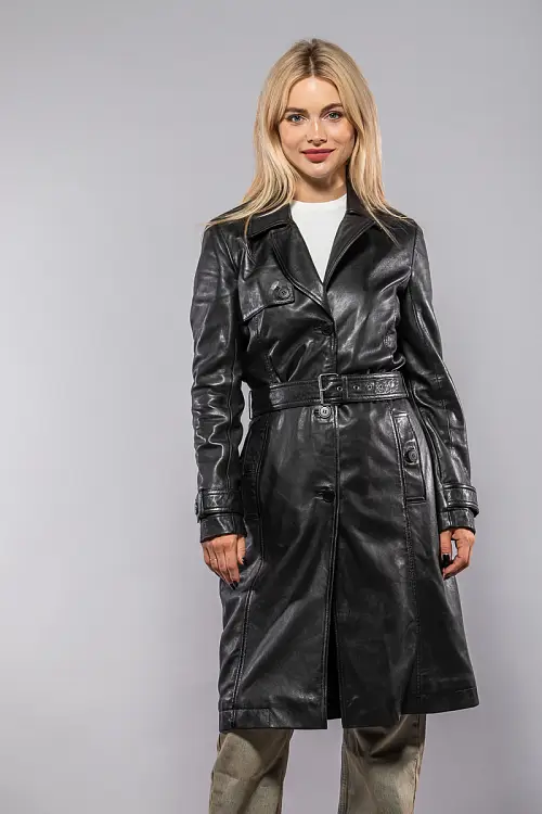 Dámský černý kožený kabát