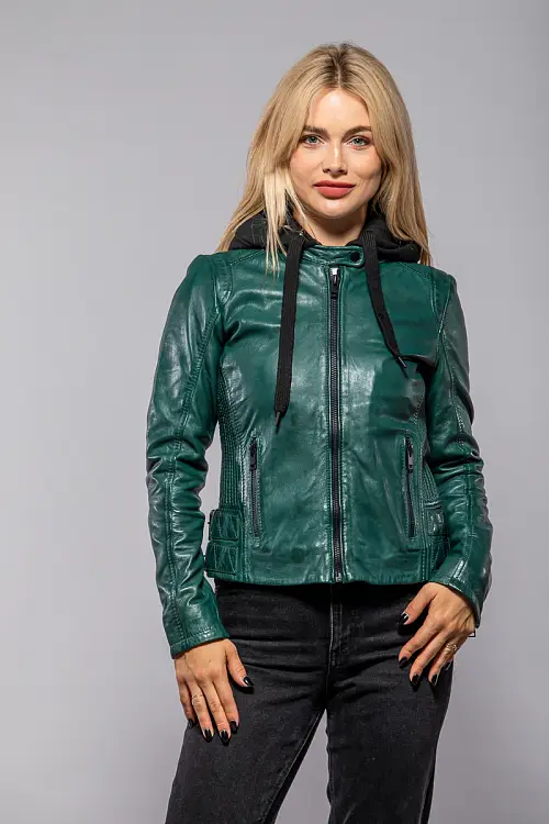 Dámská kožená bunda s kapucí