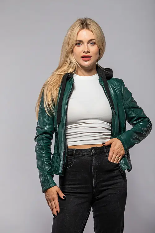 Zelená kožená bunda s kapucí G2WAlya