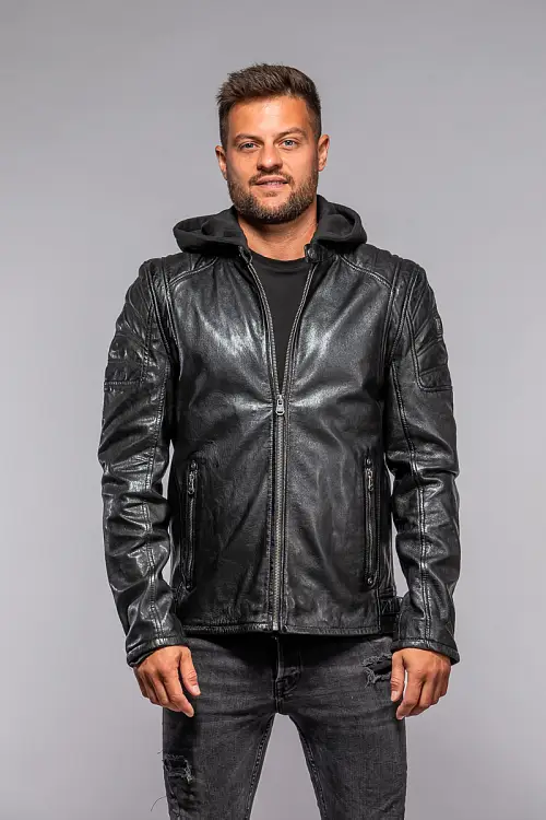 Černá kožená pánská bunda s textilni kapucí