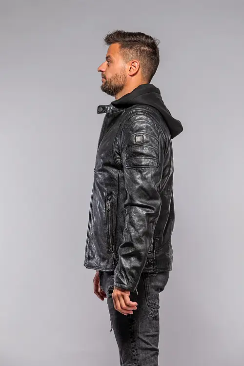 Černá kožená pánská bunda s textilni kapucí MMRyxo DB Black