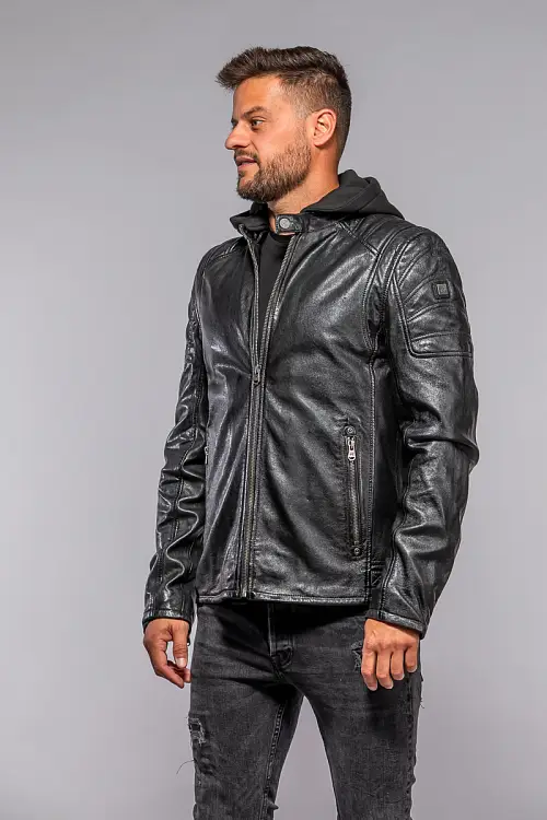Černá kožená pánská bunda s textilni kapucí MMRyxo DB Black