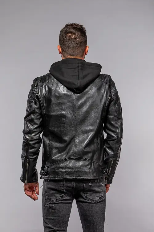 Černá kožená pánská bunda s textilni kapucí MMRyxo DB Black
