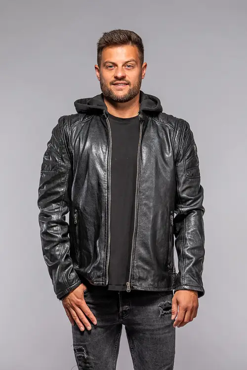 Černá kožená pánská bunda s textilni kapucí MMRyxo DB Black