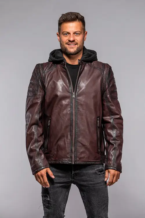Červená kožená pánská bunda s textilni kapucí