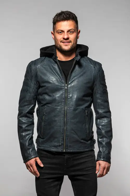 Pánská modrá kožená bundaa s kapucí