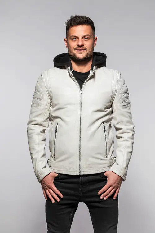 Bílá pánská kožená bunda s kapucí