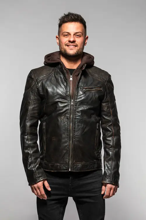 Pánská černá kožená bunda s kapucí