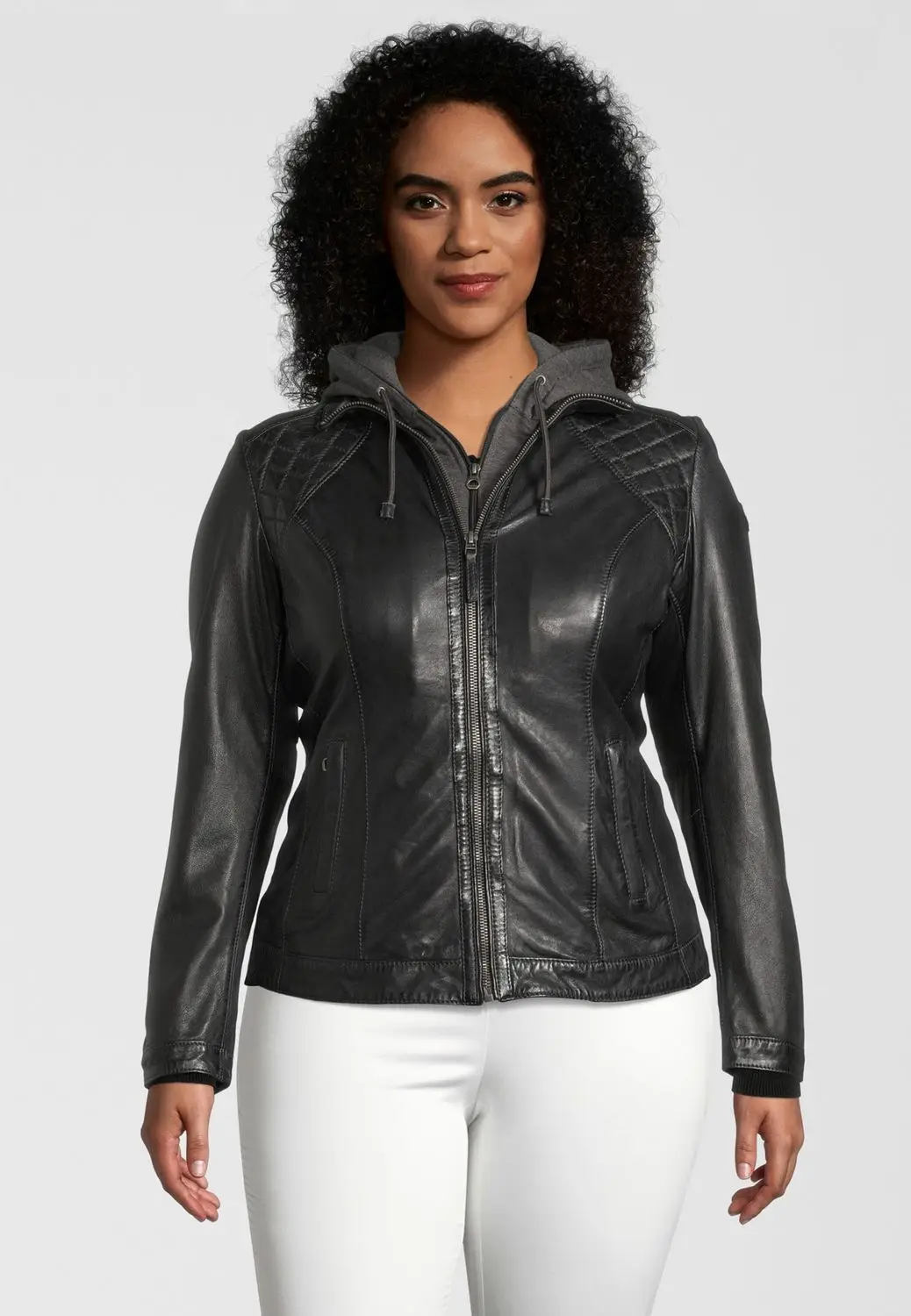 Dámská kožená černá bunda s kapucí