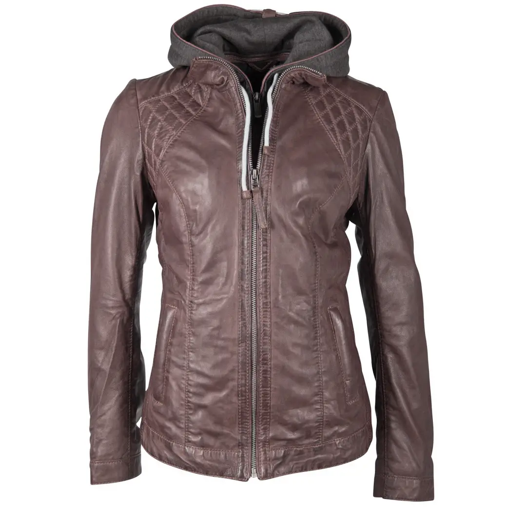 Dámská kožená hnědá bunda s kapucí