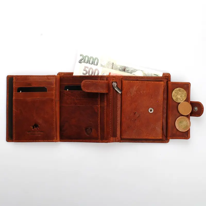 Velká cognac pánská kožená peněženka se zápinkou DIVOKY BYK